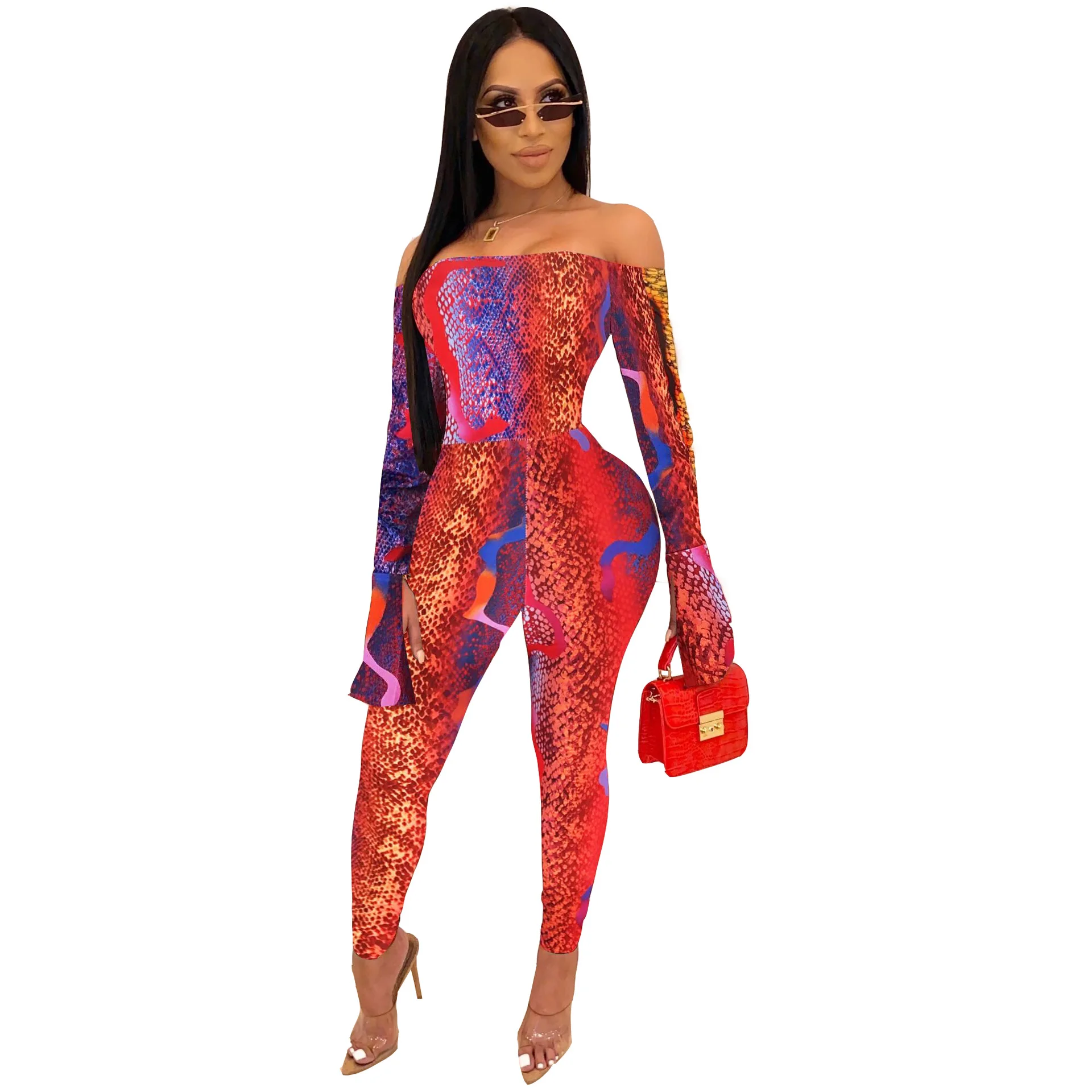 LTK78019 Women's Sexy Jumpsuit Spring Summer Fashion Snakeskin Print Long Sleeve Body Pants Women's Nightclub Clothes