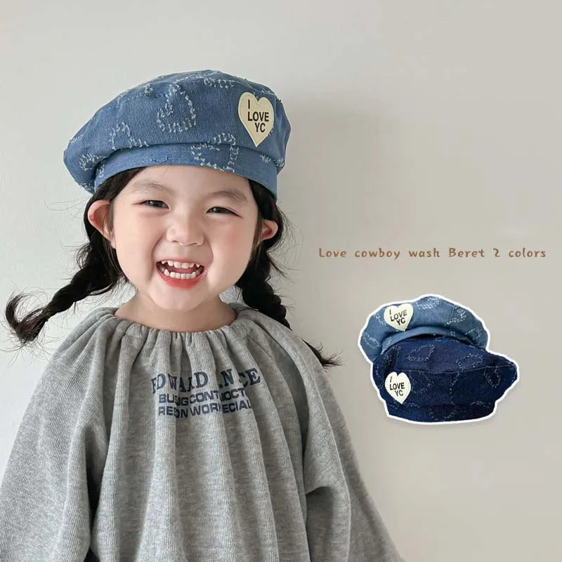 

Autumn Winter Girls Beret Hat 2023 Fashion Cute Heart Denim Children's Hats Baby Cowboy Hat For Girls 2-6Years