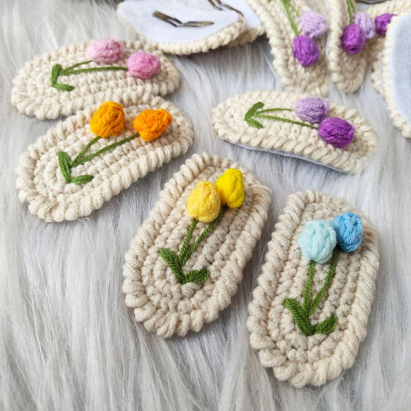 

1Pcs Crochet Knitted Hair Pin Tulip Delicate Color Hairpin BB Clip Handmade Kniiting Hairclip Baby Girls Hair Accessories