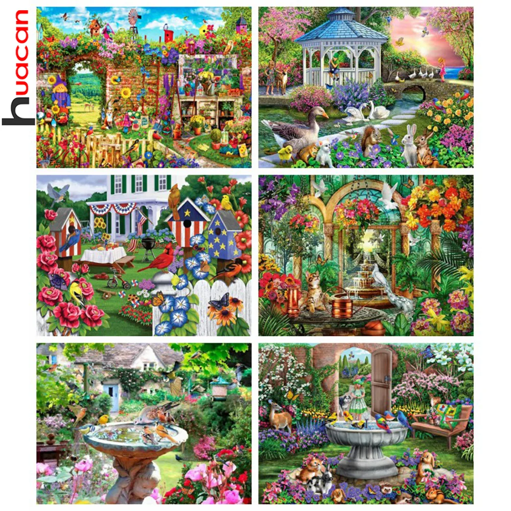 

Алмазная 5d картина Huacan, полноразмерная Настенная Наклейка с изображением фонтана, сада, для домашнего декора, мозаика, вышивка крестиком