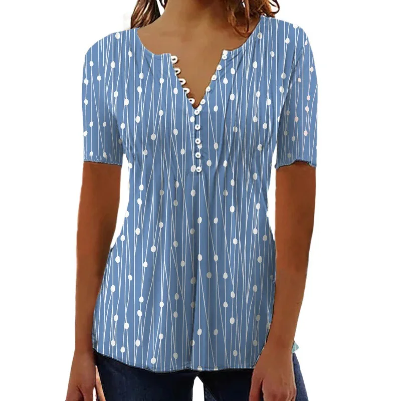 

2023 Elegant Summer Print Blouse Women V Neck Fashion Polka Dot Short Sleeve Tops Waist Slim Casual Ladies Shirts Clothes 25971