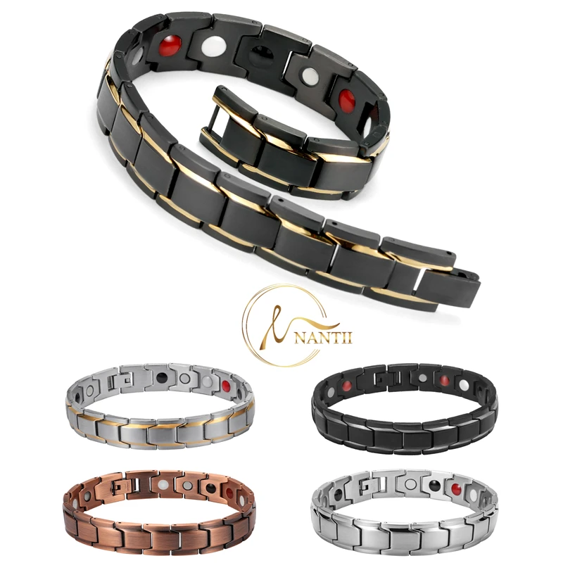 

Nantii Mens Power Magnetic Therapy Stainless Steel Bracelets Fashion Bio Elements Health Energy 4 IN 1 Balance Bracelet