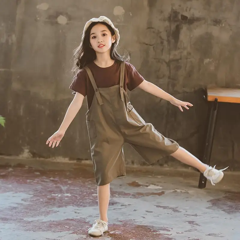 

Летние комбинезоны для девочек, новая Корейская версия модной детской повседневной одежды из двух частей в западном стиле