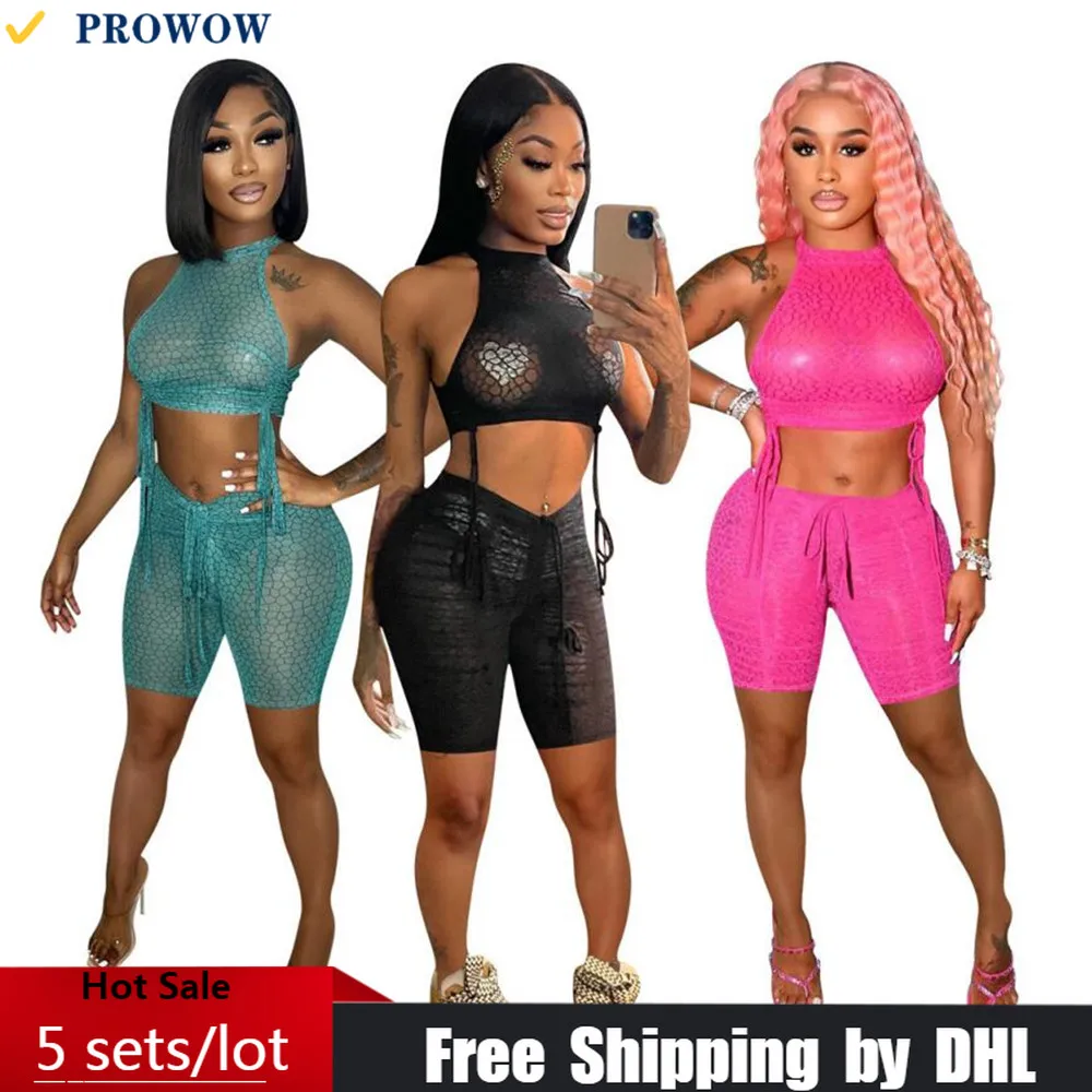 

Women Mesh 2 Piece Set Wholesale 2023 Summer Sexy See Through Lady Outfit Fashion Print Sides Shirring Shorts Suit Clubwear 7908