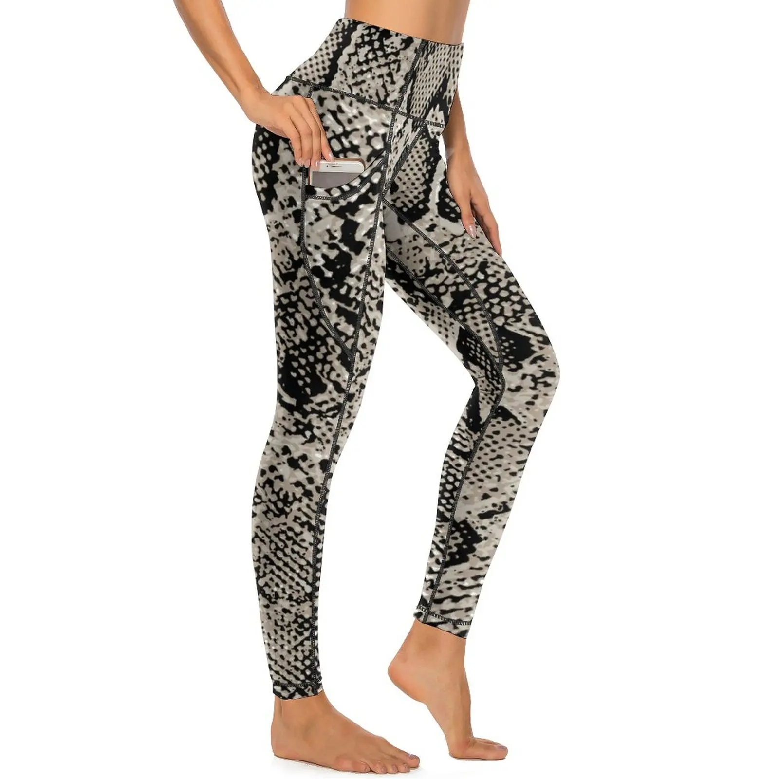 

Snakeskin Print Leggings Sexy Greys and Silvers Snake Scale Gym Yoga Pants Stretchy Sport Legging Pockets Funny Graphic Leggins