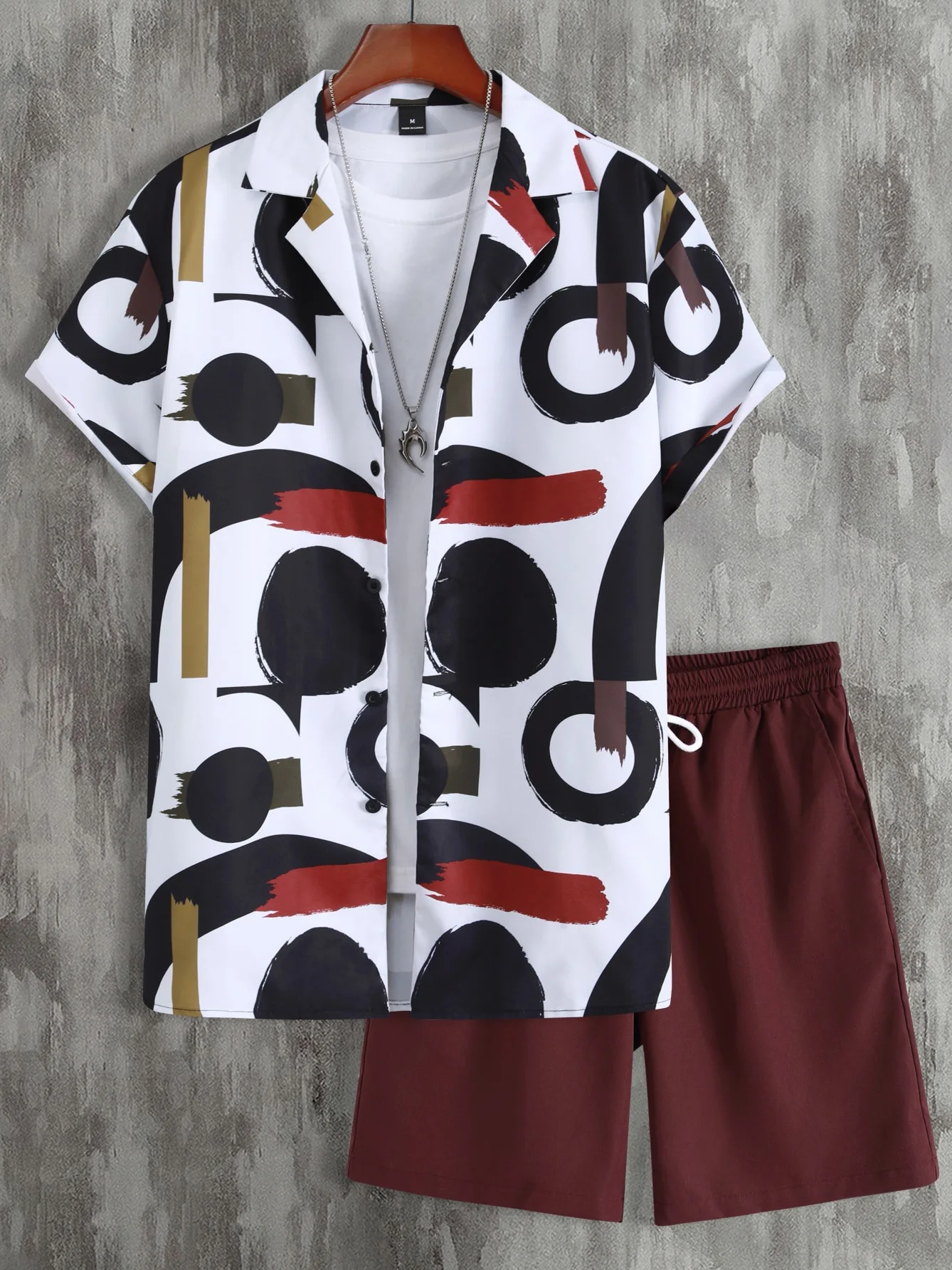 Men Random Circle and Brush Print Shirt & Drawstring Waist Shorts Without Tee