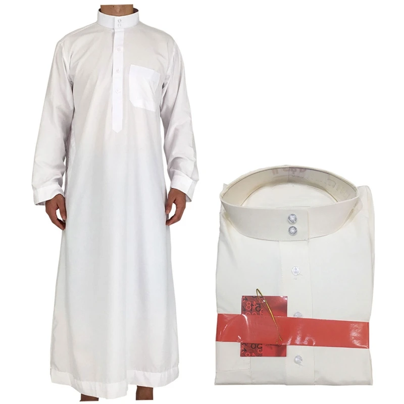 Vintage Simple Muslim Dress Caftan Robe Long Sleeve Stand Collar Jubba Thobe Man Leisure Dress Thobe Islamic Clothing