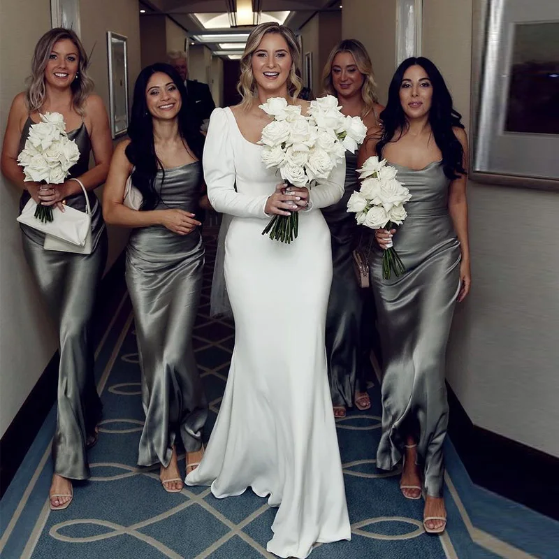 

Elegant Satin Wedding Dresses with Pearls Sash Backless Mermaid Bridal Gown with Puffy Sleeve Country Robe De Mariée Open Back