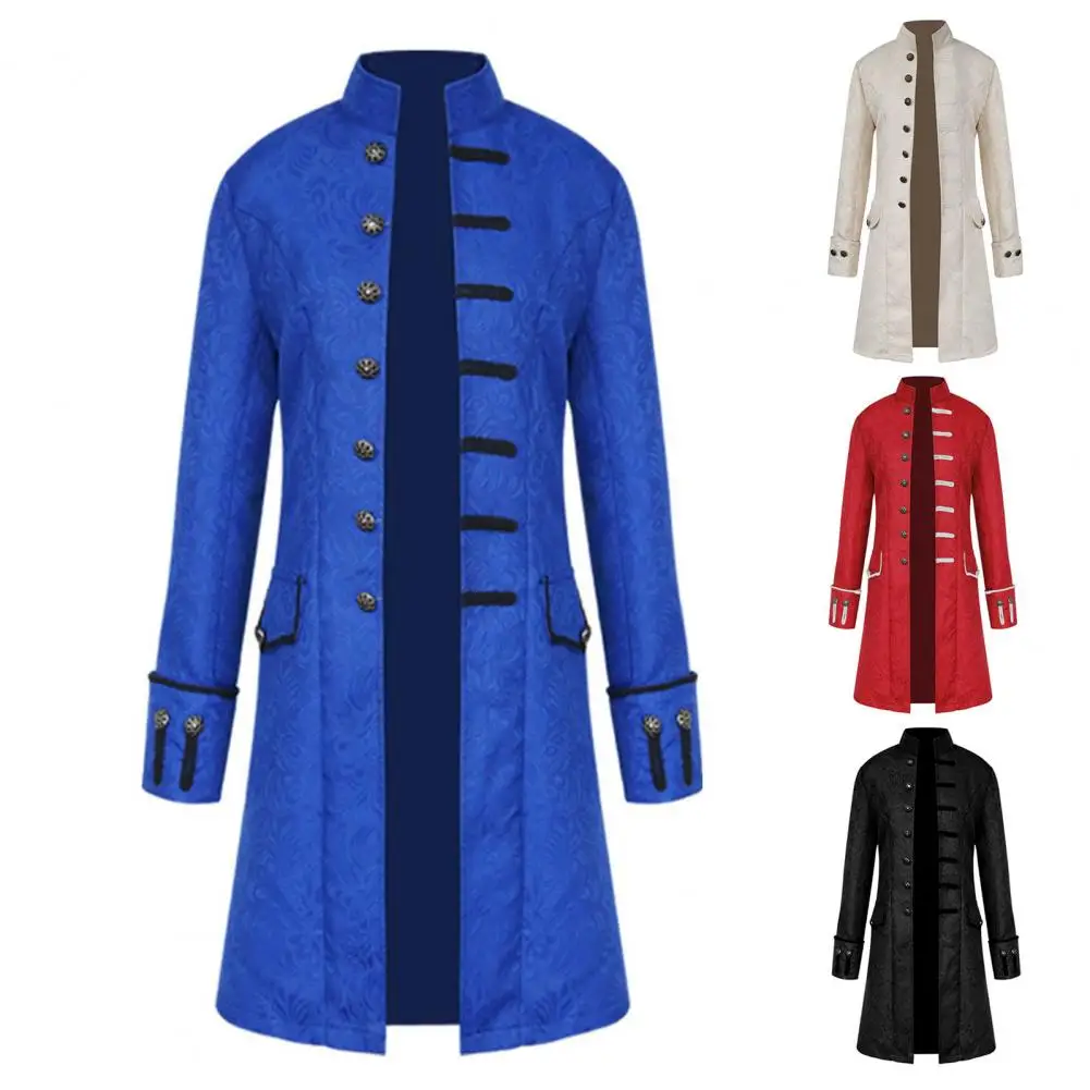 

Autumn Stand Collar Single Breasted Cosplay Costume Halloween Mid-length Jcquard Trench Coat Vintage Solid Color Men Overcoat