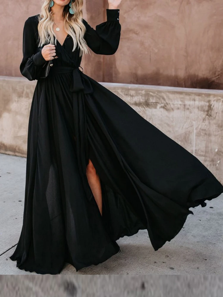 

Женское винтажное платье макси с длинным рукавом, черное однотонное вечернее платье с большим подолом и V-образным вырезом на шнуровке, своб...