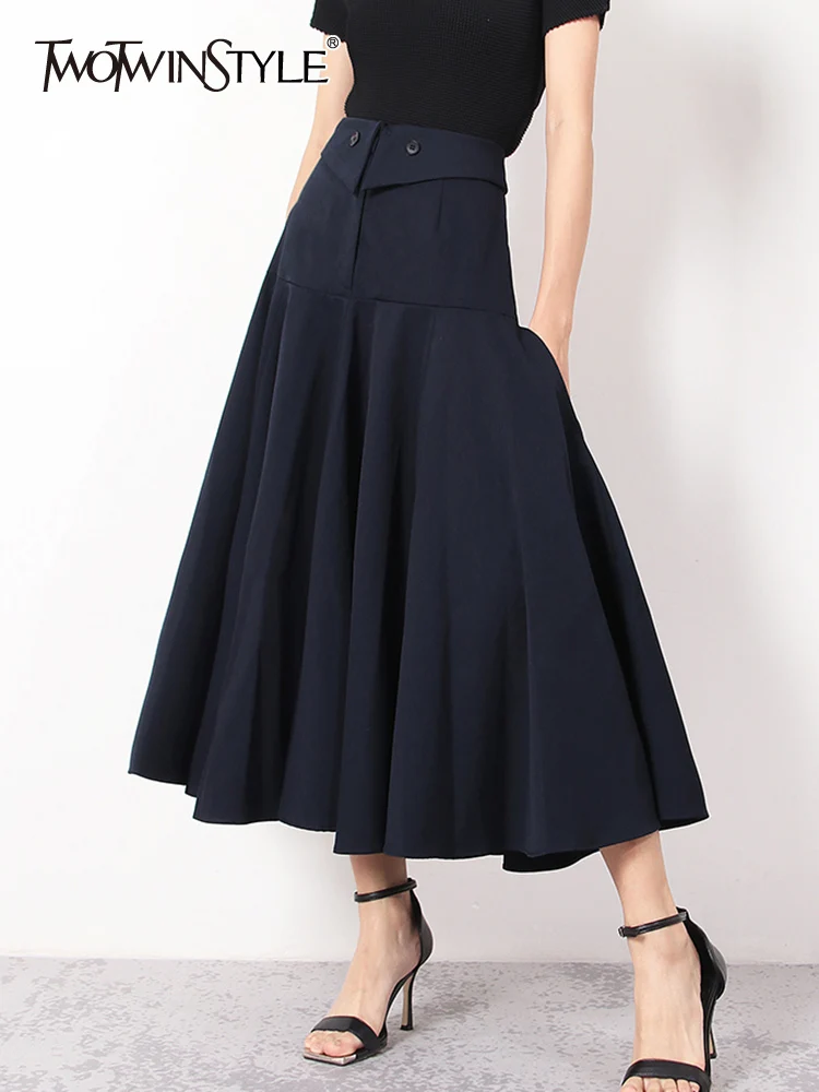 

TWOTWINSTYLE Korean Fashion Blue Skirt For Women High Waist A Line Solid Minimalist Ruched Midi Skirts Female Summer Clothes New