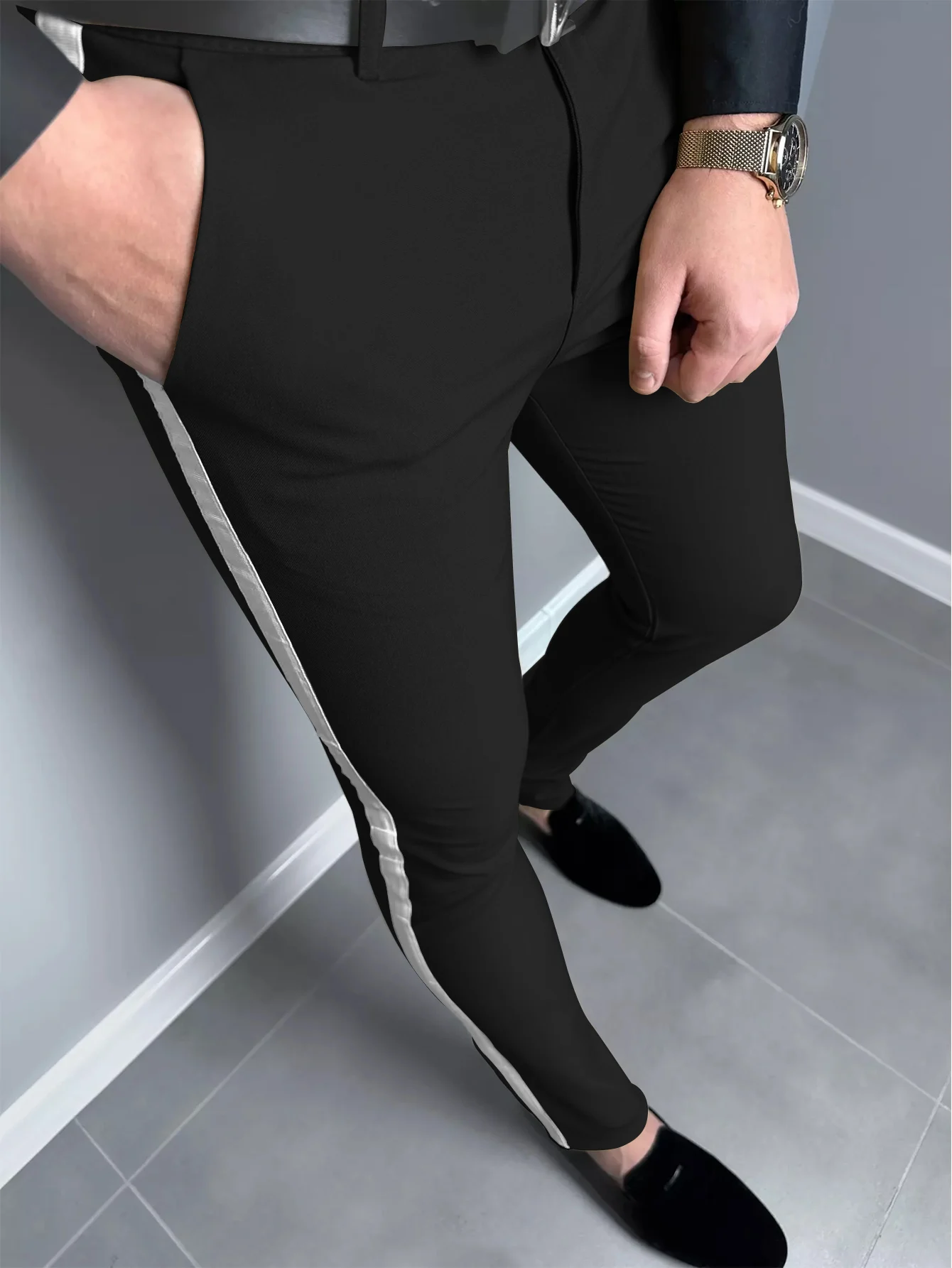 Fashion Light Business Men's Trousers Solid Color Splicing White Side Stripe Slim Pants Daily Versatile Traveling