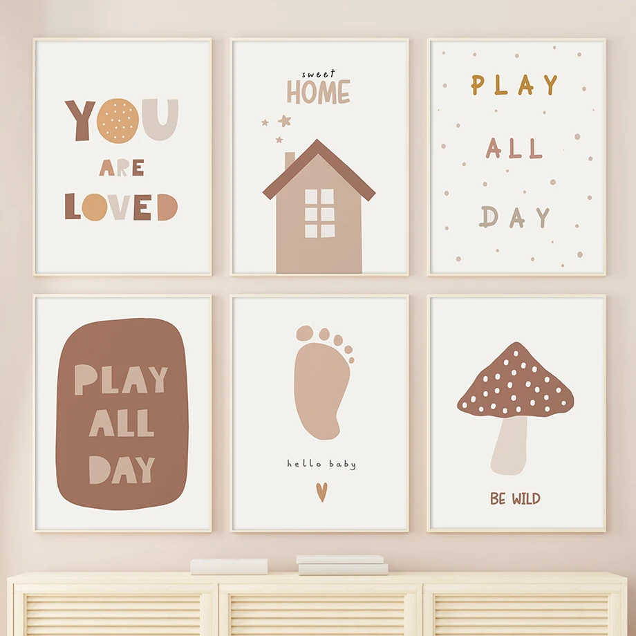 Постеры в стиле бохо с изображением детских ног и грибов You Are Love Play