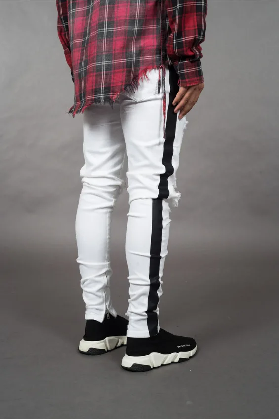 Mens Denim Pant Tight New Explosions Embroidered Slim Feet Side Webbing Elastic Hole Jeans Men