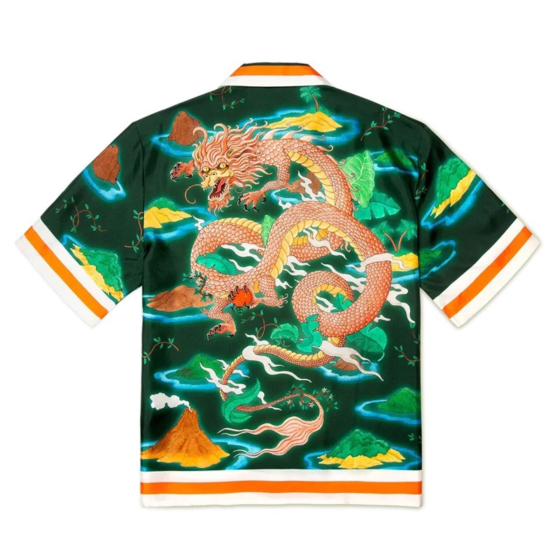 

Зеленая рубашка Касабланка, мужские и женские Гавайские пляжные шелковые рубашки с принтом дракона, оптовая продажа одежды