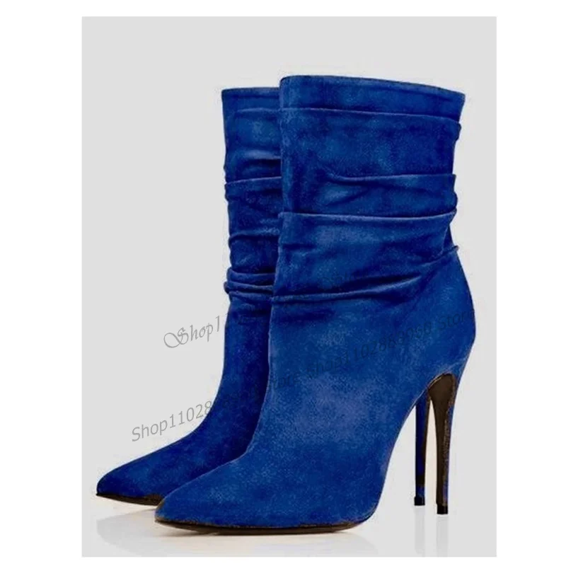 Женские Плиссированные ботинки до середины икры синие флоковые на шпильке обувь