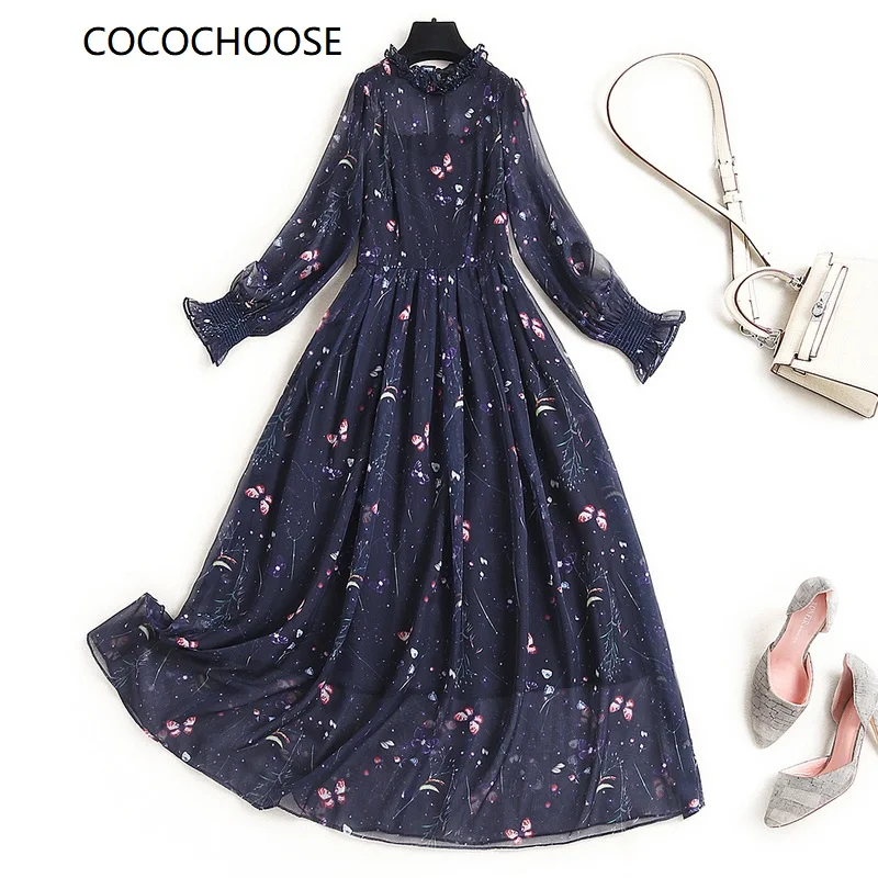 

2022 spring summer women designer brand chiffon dress ruffles elegant long sleeve elastic waist butterfly midi dresses