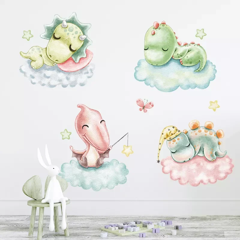 

Watercolor Cartoon Baby Dinosaurs Sleeping on the Cloud Wall Stickers for Baby Nursery Room Decoration Kids Room Wall Decals PVC