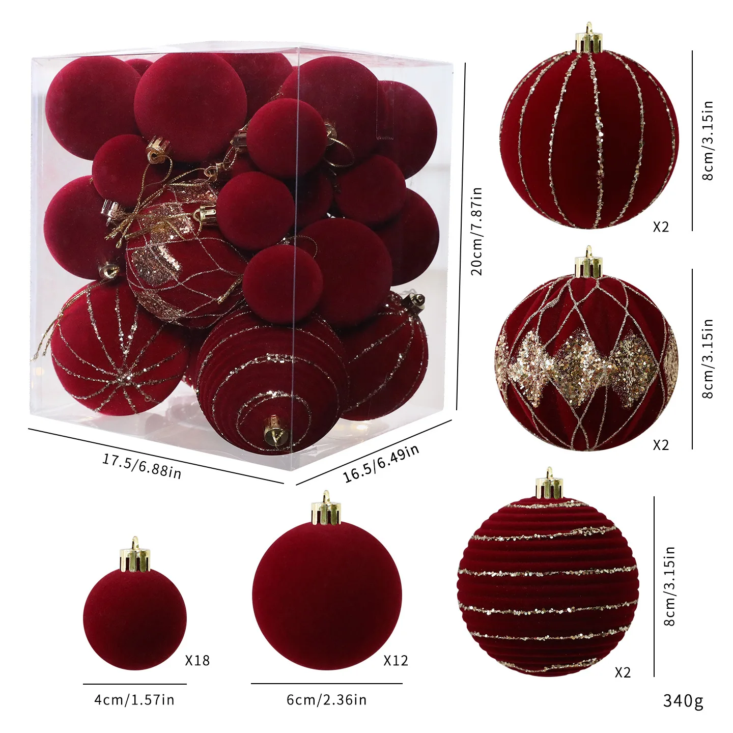 Рождественские шары флокированные бордовые 36 шт.