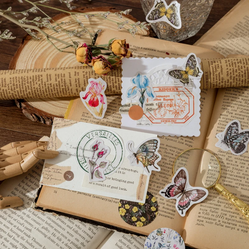 

46pcs Box sticker Flakes Adhesive Label Scrapbook Decoration Album Handbook Butterfly Iris Plant Animal Gift Box sticker