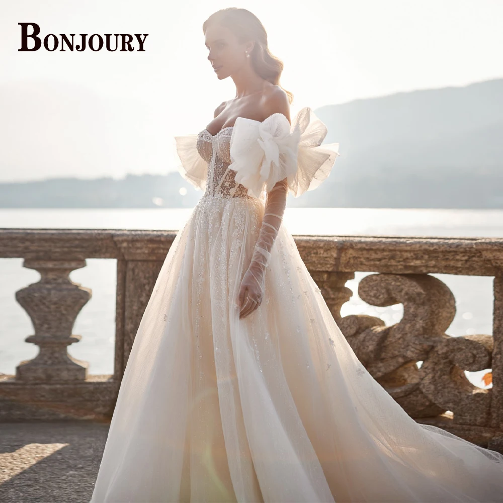

BONJOURY Glamorous Wedding Dresses For Women 2023 Bride LaceUp Strapless Shiny Tulle Appliques Customised Vestido De Novia