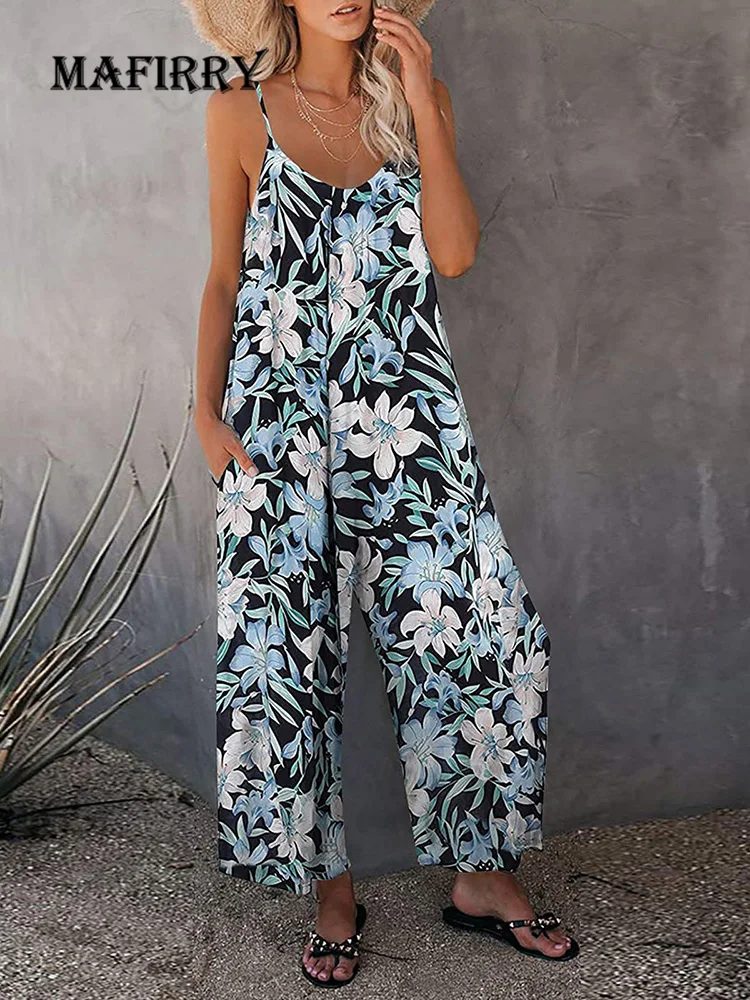 

Summer Women Floral Printing Simple Jumpsuits Simple Casual Sleeveless Wide Leg Pants Ladies Playsuits Streetwear Dropshipping