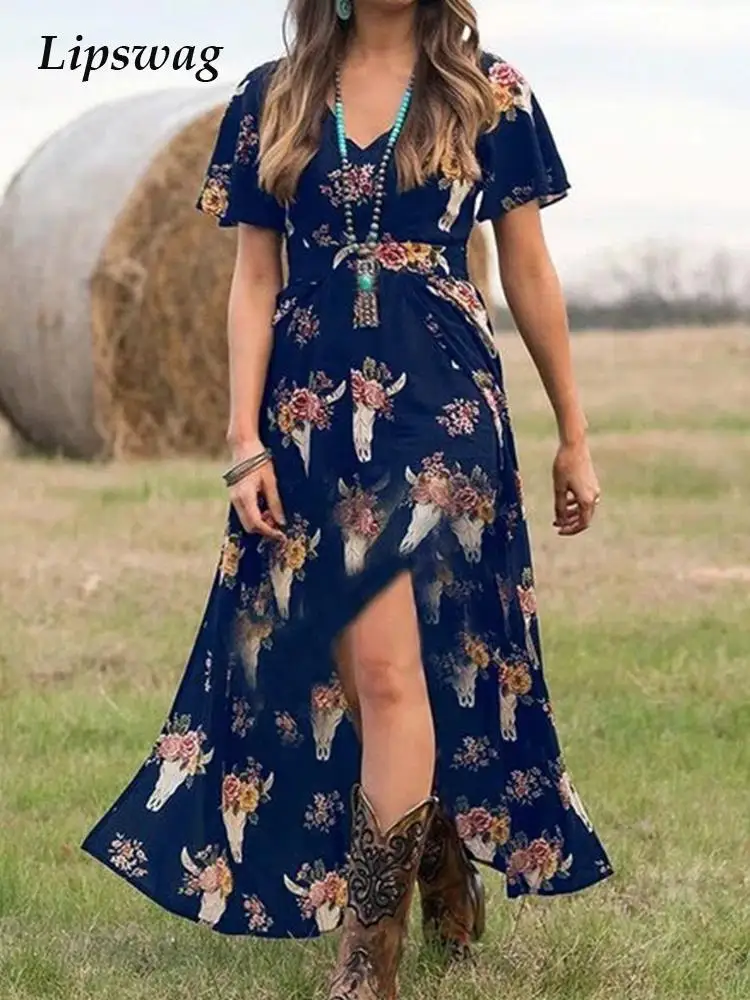 

Summer Short Sleeve Women Loose Beach Dress 2022 Spring Sexy V Neck Slit Party Dress Vintage Flower Print Casual Boho Long Dress