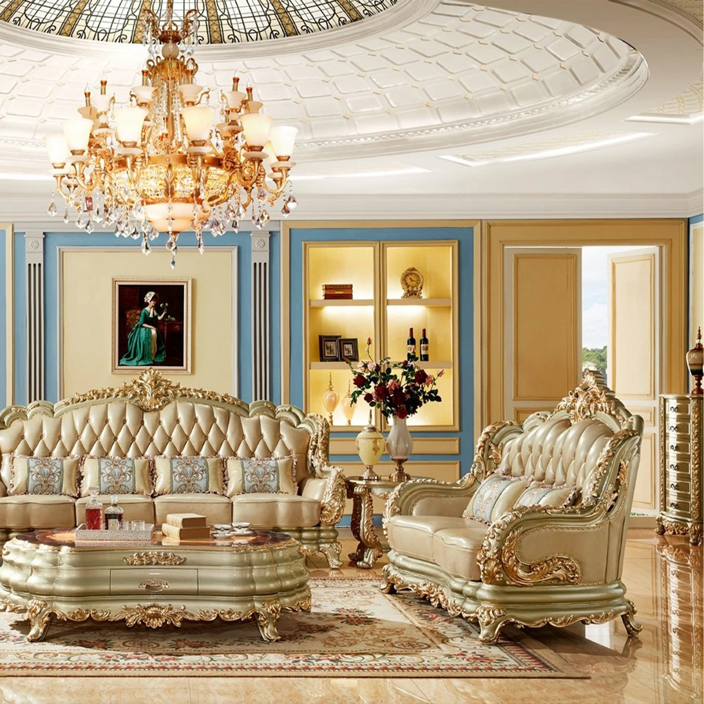Фото @ #   Европейский элитный комплект мебели для гостиной: диваны Royal Classic с резным каркасом из массива дерева и обивкой из натуральной кожи, 1, 2 и 4-местные. №3