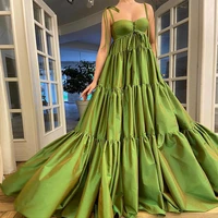 green prom dress a line buttons bow spaghetti straps sexy prom gown sleeveless pleated zipper up backless empire party dresses