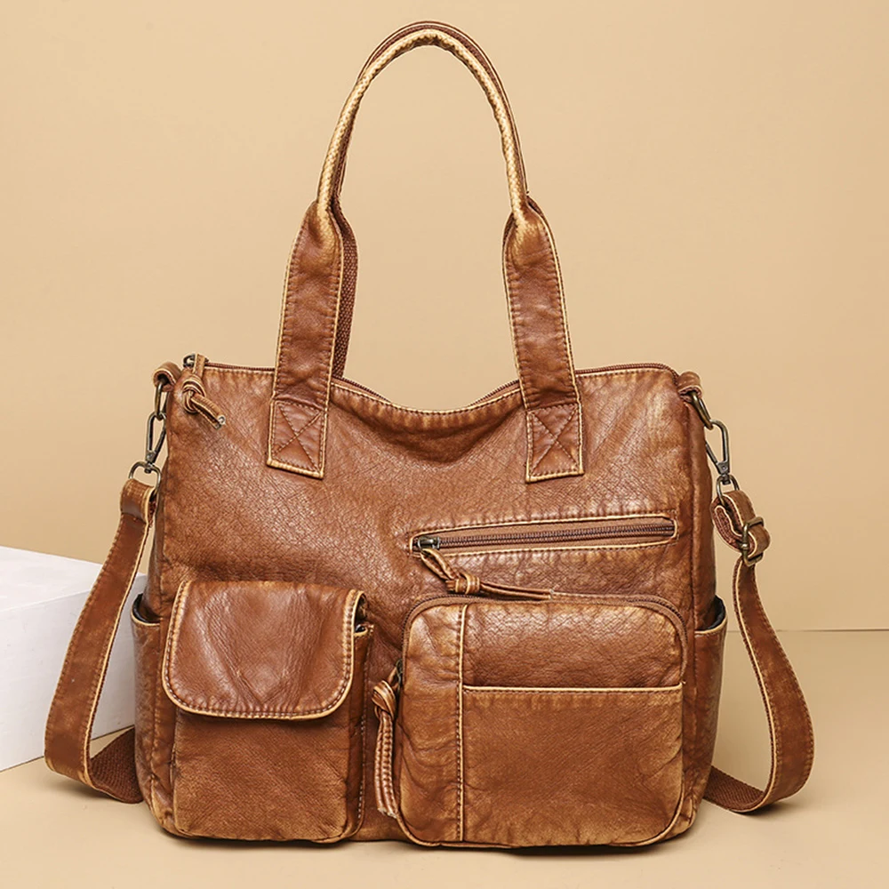 

Large Capacity Crossbody Bag Soft PU Leather Handbags Many Pockets Messenger Bag Vintage Classic Washed Leather Shoulder Bag
