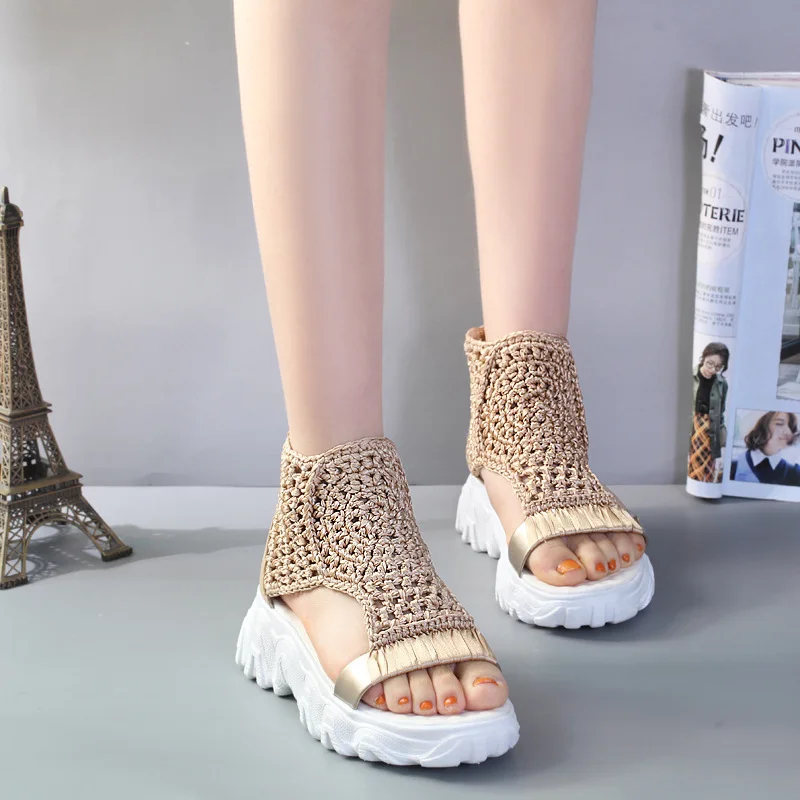 Sandals Women Braided Geometric Wedge Sandals Knitted Elastic Summer Shoes Mesh Flat Sandals Hollow Female Platform Shoes