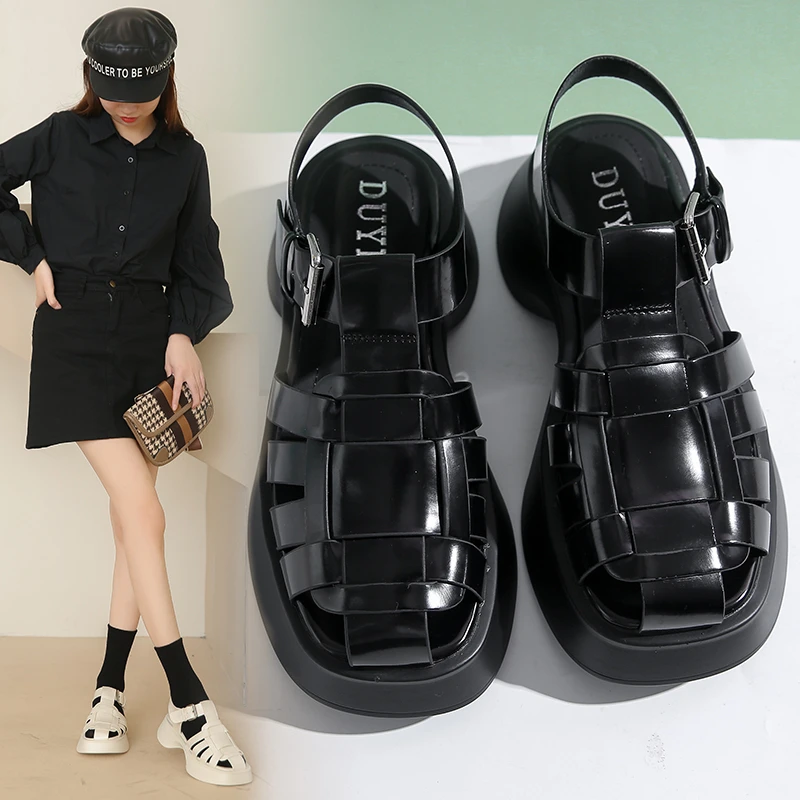 

Summer new thick-soled leather women's sandals high-end thick-heeled Roman shoes Baotou shoes platform casual shoes