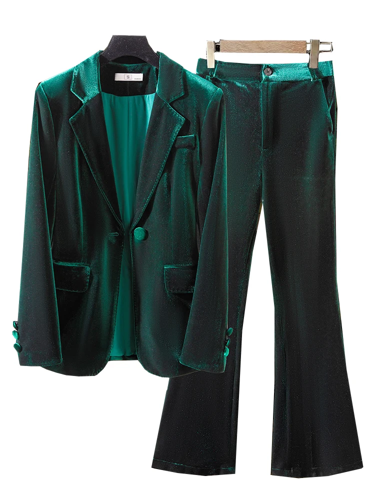 

Женский брючный костюм из двух предметов, официальный блейзер с длинным рукавом и брюки, зеленый, винно-синий костюм для работы, Осень-зима