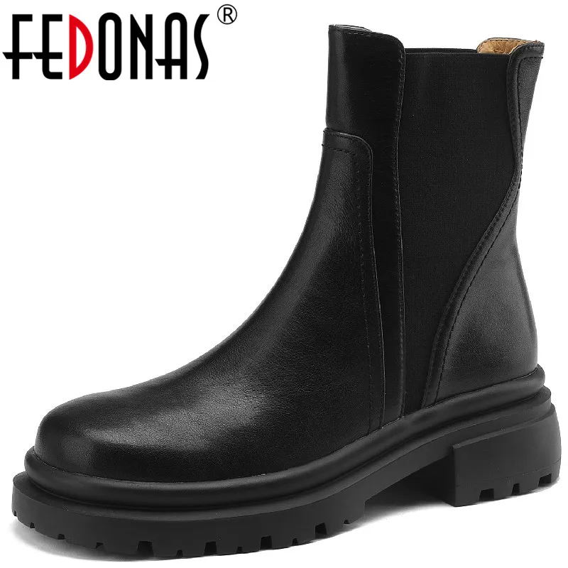 

FEDONAS Fashion Design New Women Ankle Boots Autumn Winter Working Casual Chunk Heeled Concise Genuine Leather Shoes Woman 2023