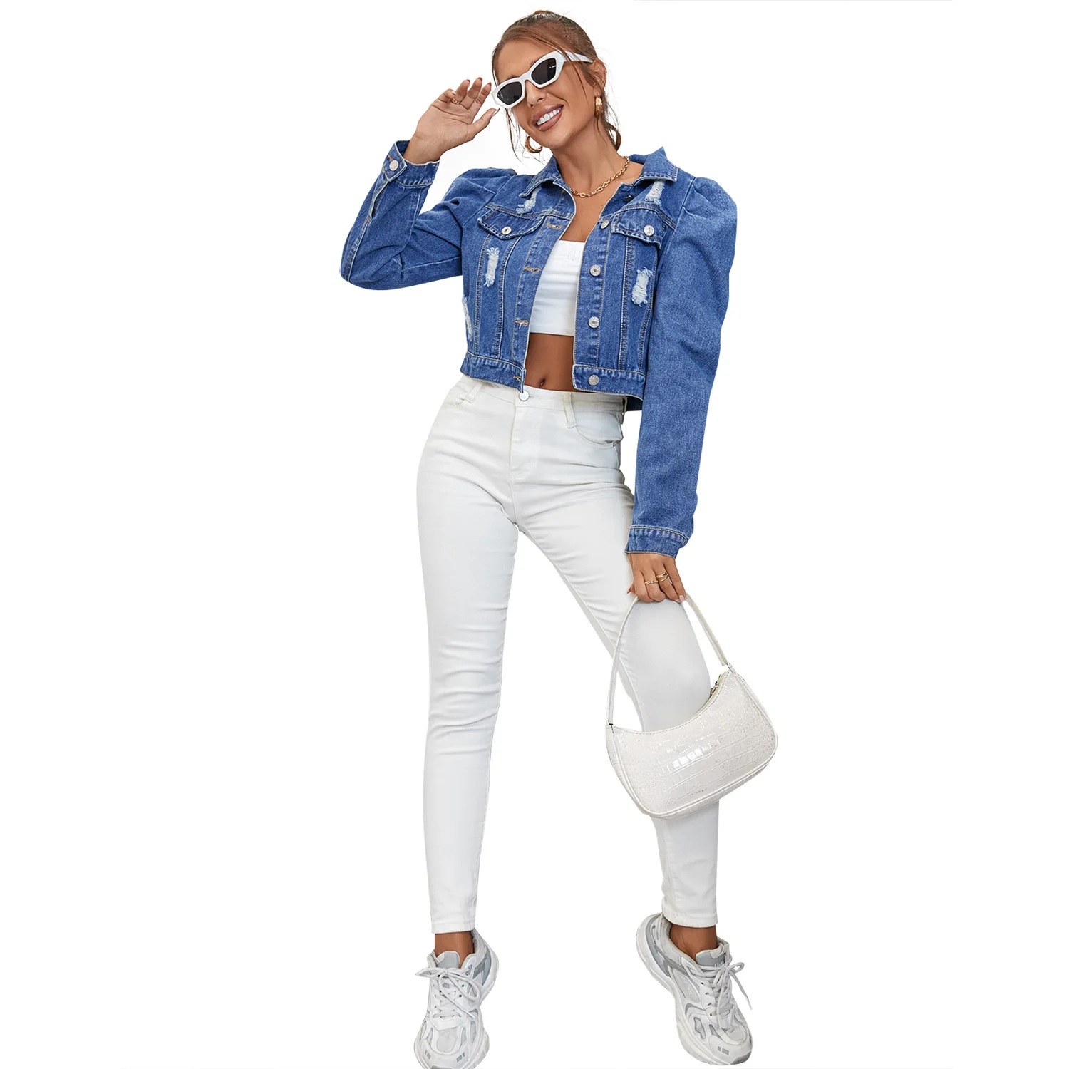 

Women Casual Tops Wearing Coat Ladies Buttons Up Denim Jean Jacket Long Sleeves Pockets Turn Down Collar Outwearing Clothes