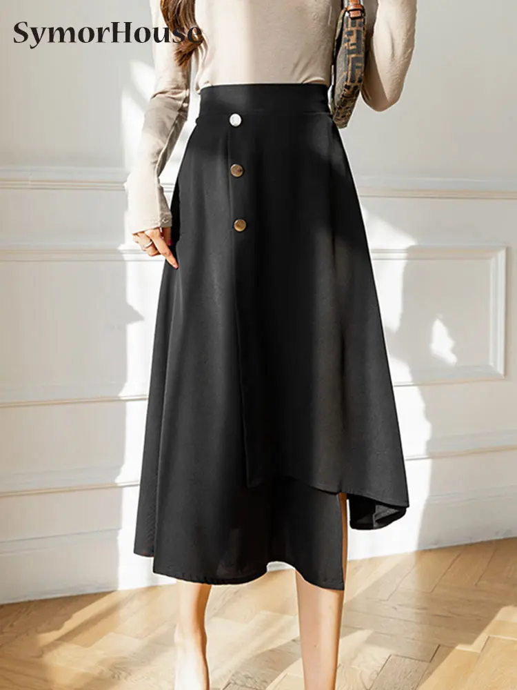 

Women Spring Summer Irregular Skirt Button Design Mid-length Black A-line Skirts 2022 High Waist Slim Stretch Skirts Female