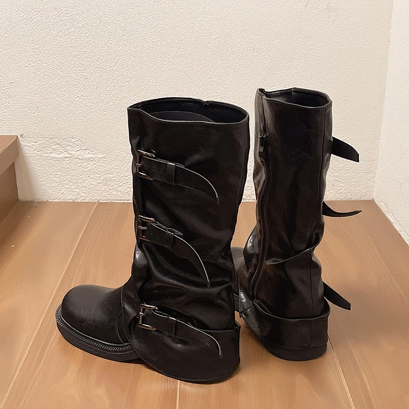 Женские джинсовые сапоги в стиле ретро на высоком каблуке с пряжкой