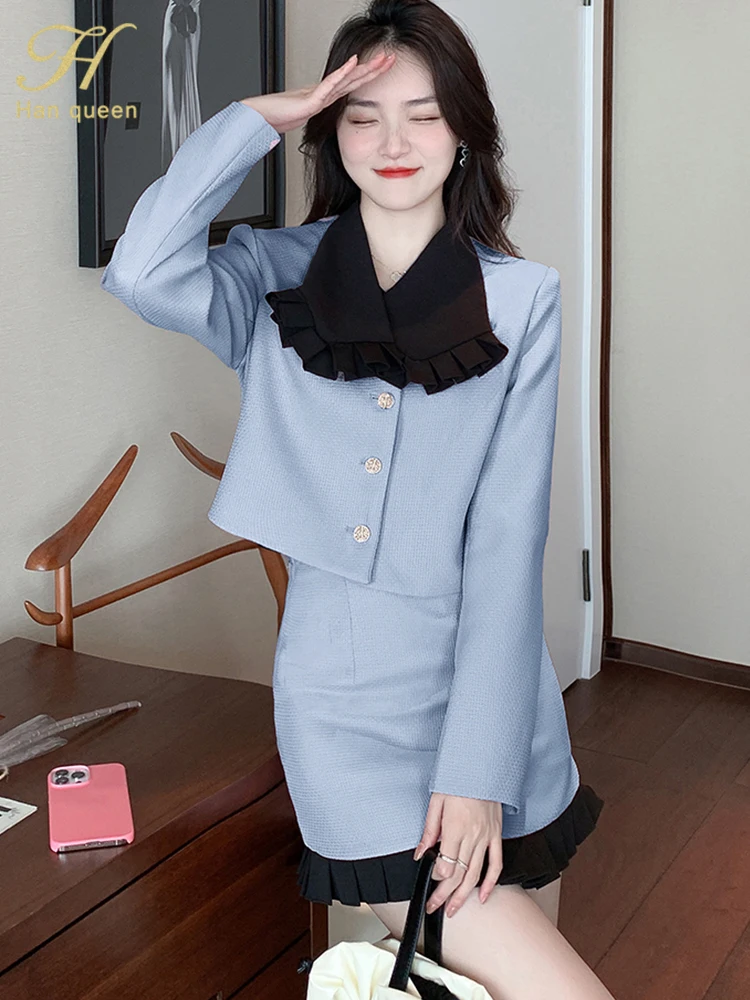 

H Han Queen 2023 Autumn Winter Women Casual 2 Pieces Set Single-Breasted Tops + Simple Skirt Korean Colorblocked Skirts Suits