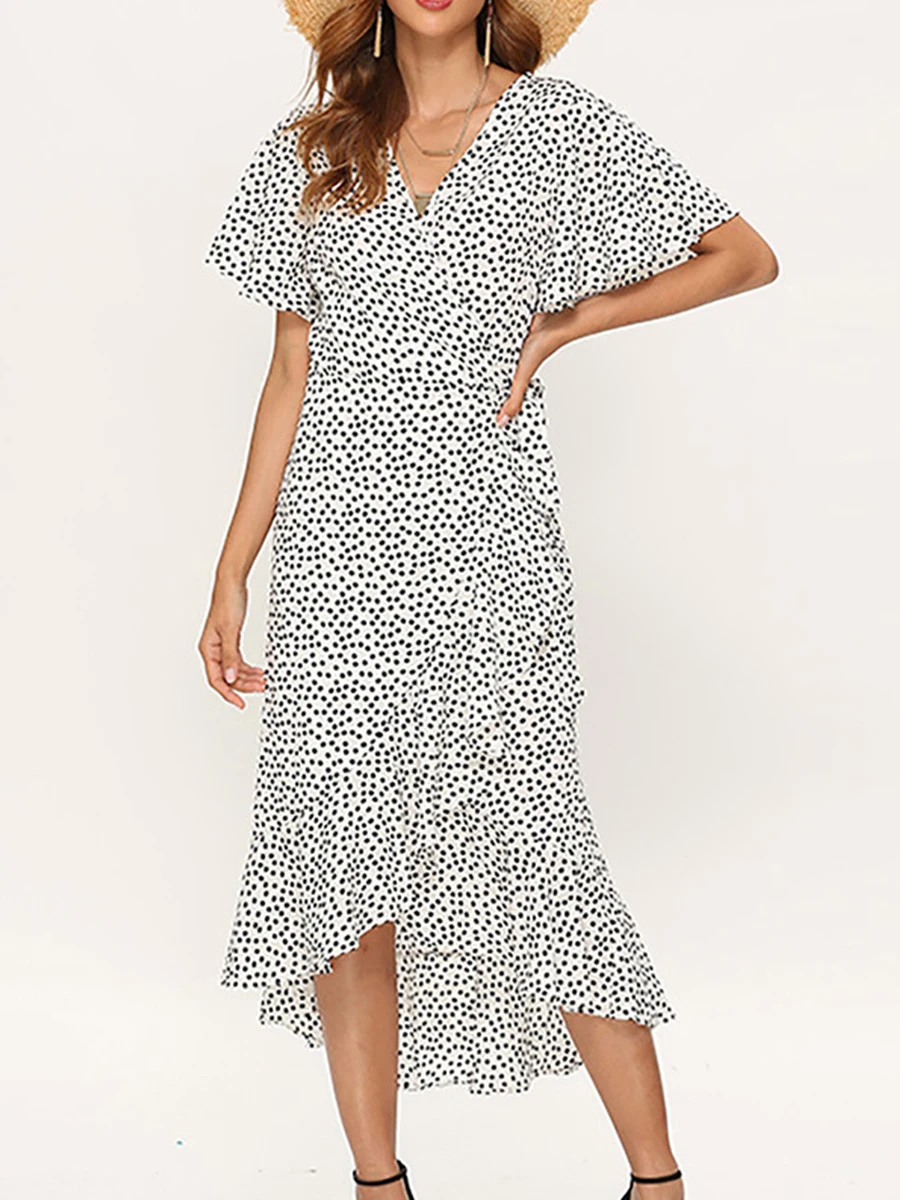 

Printed High-Waist Lace-Up V-Neck Sexy Chiffon Irregular Dress