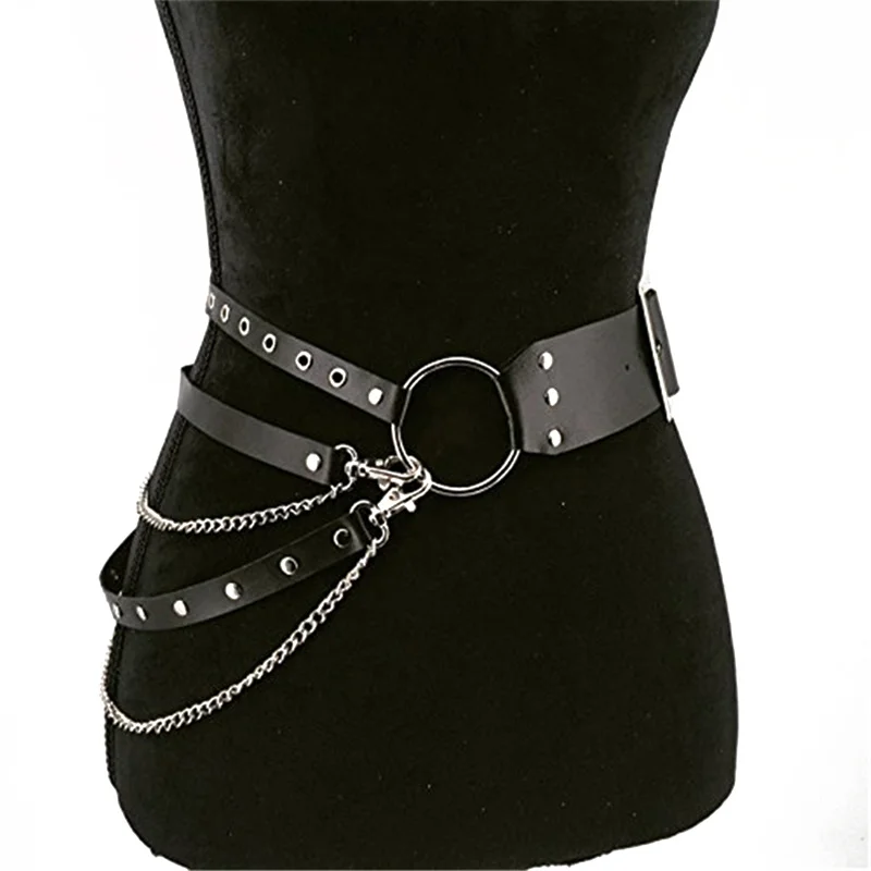 Fashion Women Gothic Punk Waist Belt Chain Metal Circle Ring Design Silver Pin Buckle Leather Black Waistband Jeans Waist Belts