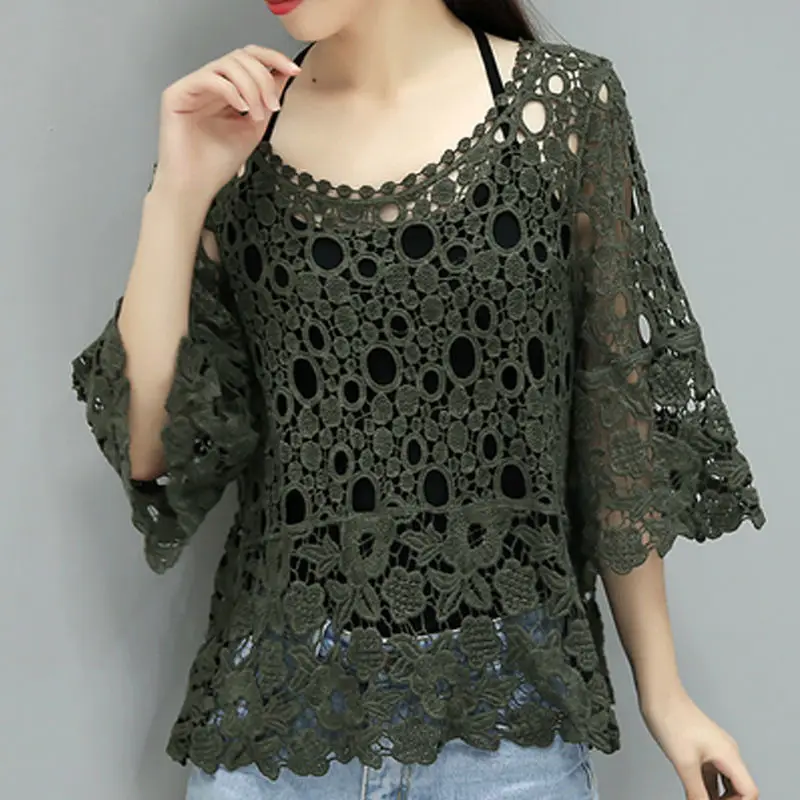 

Spring and summer o neck hollow knitted sweater women short air-conditioned shirt five-point sleeve bat shirt lace pullover top