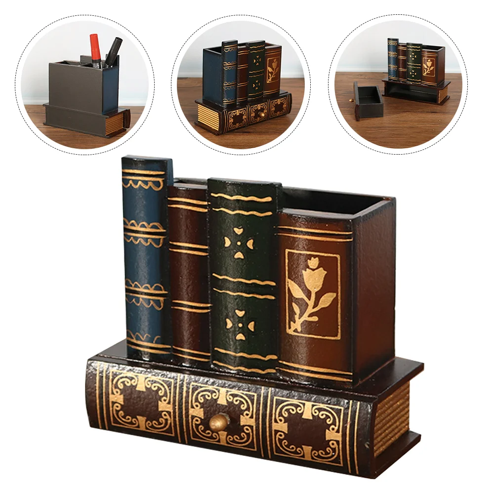 

Wooden Brush Multi-purpose Pen Container Study Room Holder Stationery Storage Fake Book Pot Drawer Tablescape Decor