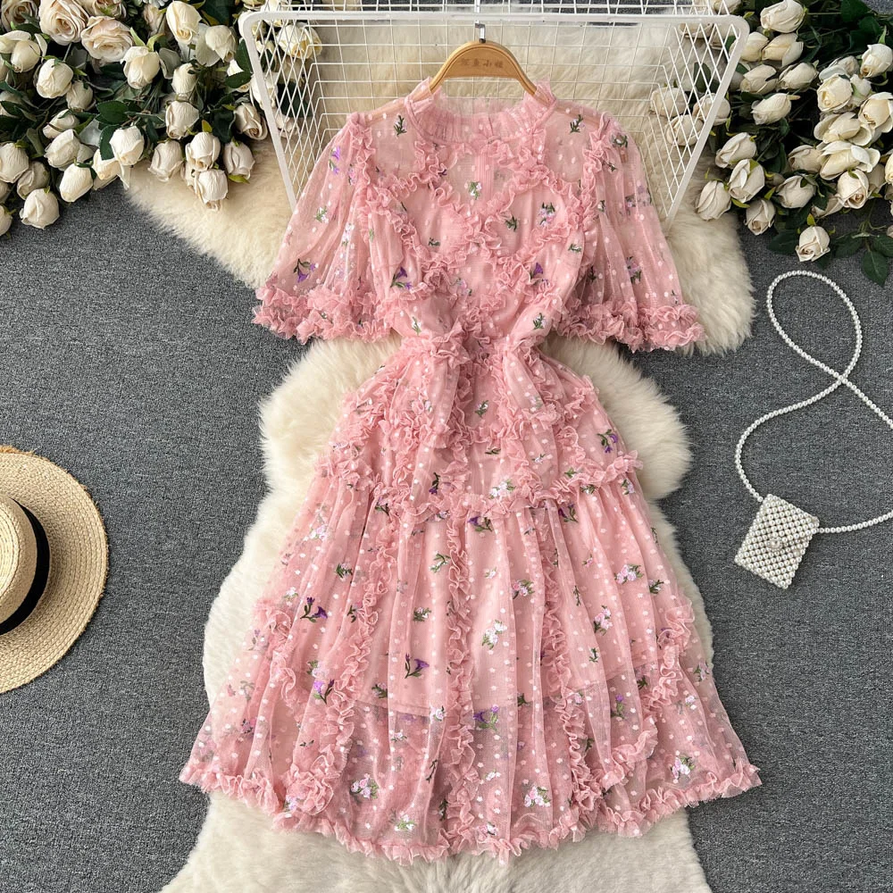 High Quality Dot Print Mesh Dress Women Summer Short Sleeves Ruffled Sweet Midi Dress Fashion Floral Embroidery Short Dresses