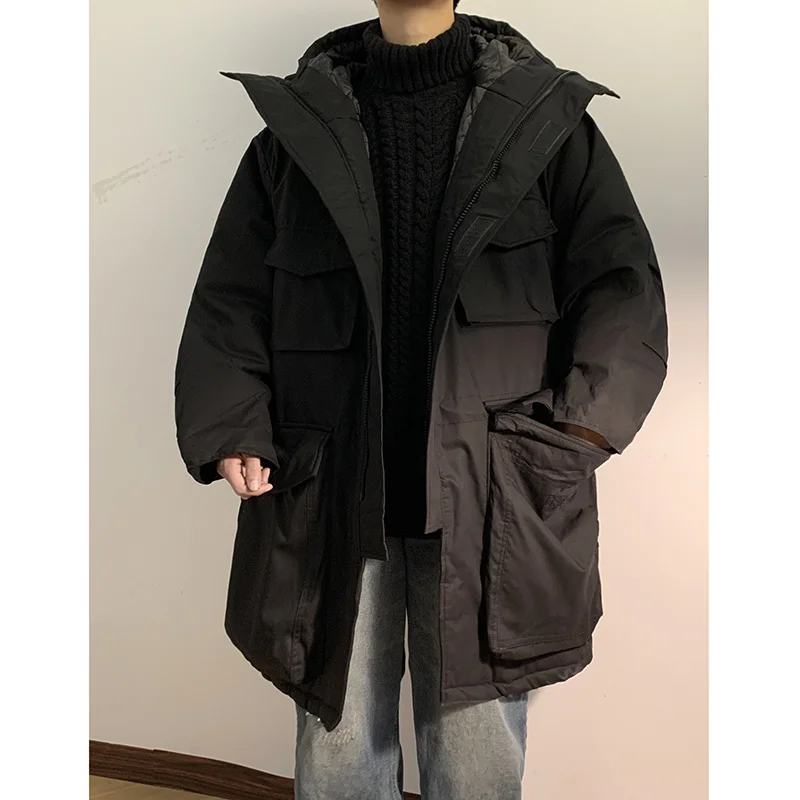 Winter Jacket Men Warm Fashion Retro Pocket Long Down Jacket Men Korean Loose Oversized Thick Hooded Coat Mens Parker Overcoat
