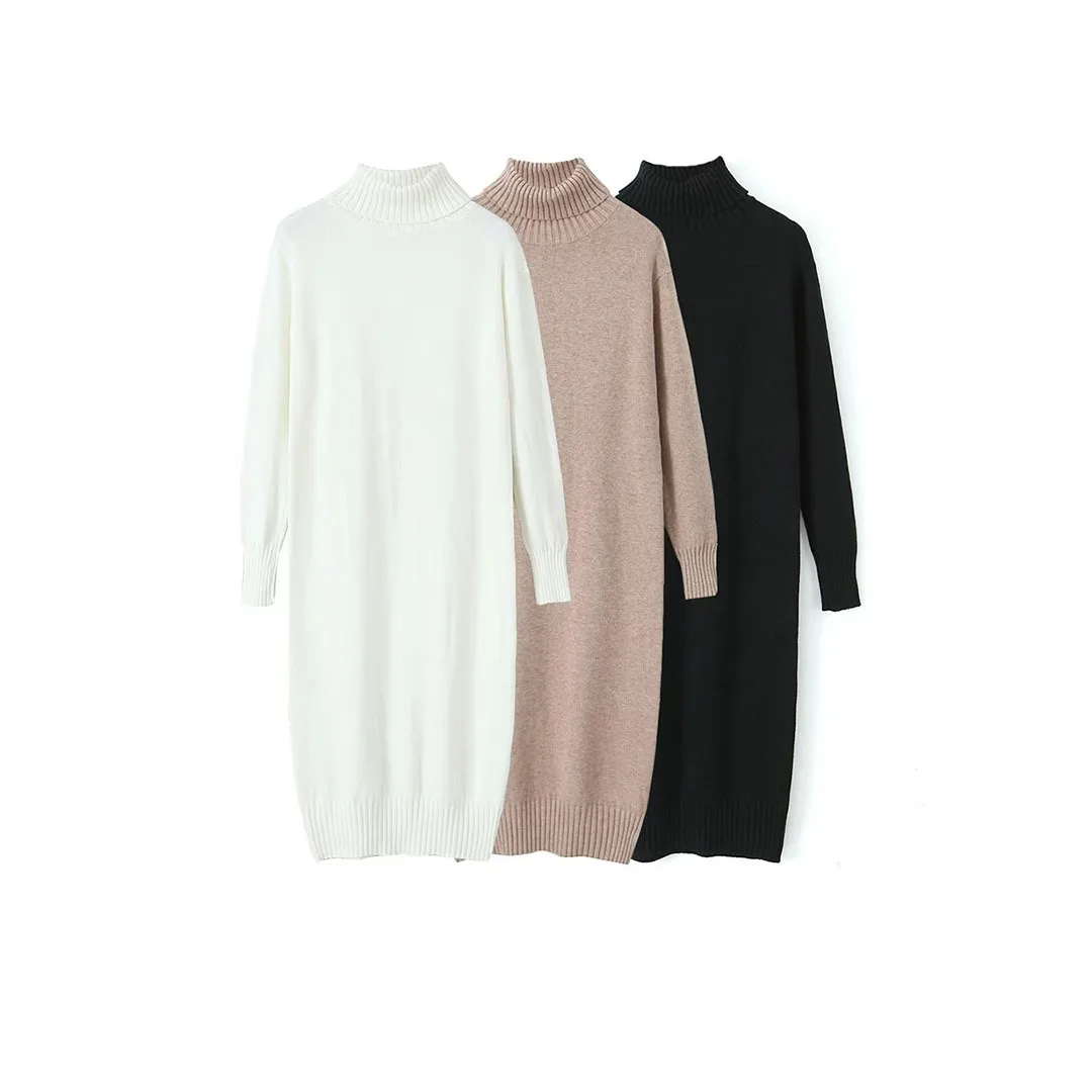 

Women's Autumn And Winter Long Turtleneck Pullover Knitting Sweater Solid Color Thick Warm Knit Long Sleeve Long Sweater Dresses