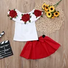 Цветочный комплект для маленьких девочек, топ без рукавов с открытыми плечами и вышивкой розы + юбка, комплект, летняя юбка, одежда для маленьких девочек