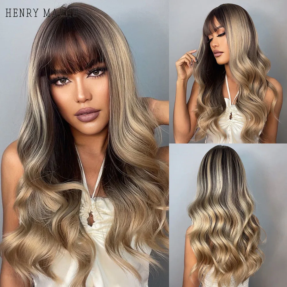 

HENRY MARGU Ombre Brown Gold Highlight Synthetic Wig for Women Long Wavy Cosplay Party Wig with Bangs Natural Heat Resistant