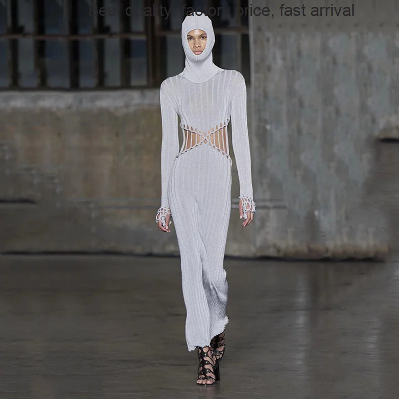 

High quality luxury brand Spring 2023 New in Elegant Women's Big Name X-Shaped Reflective Knitted Dress Fashion Hollow Rib Long