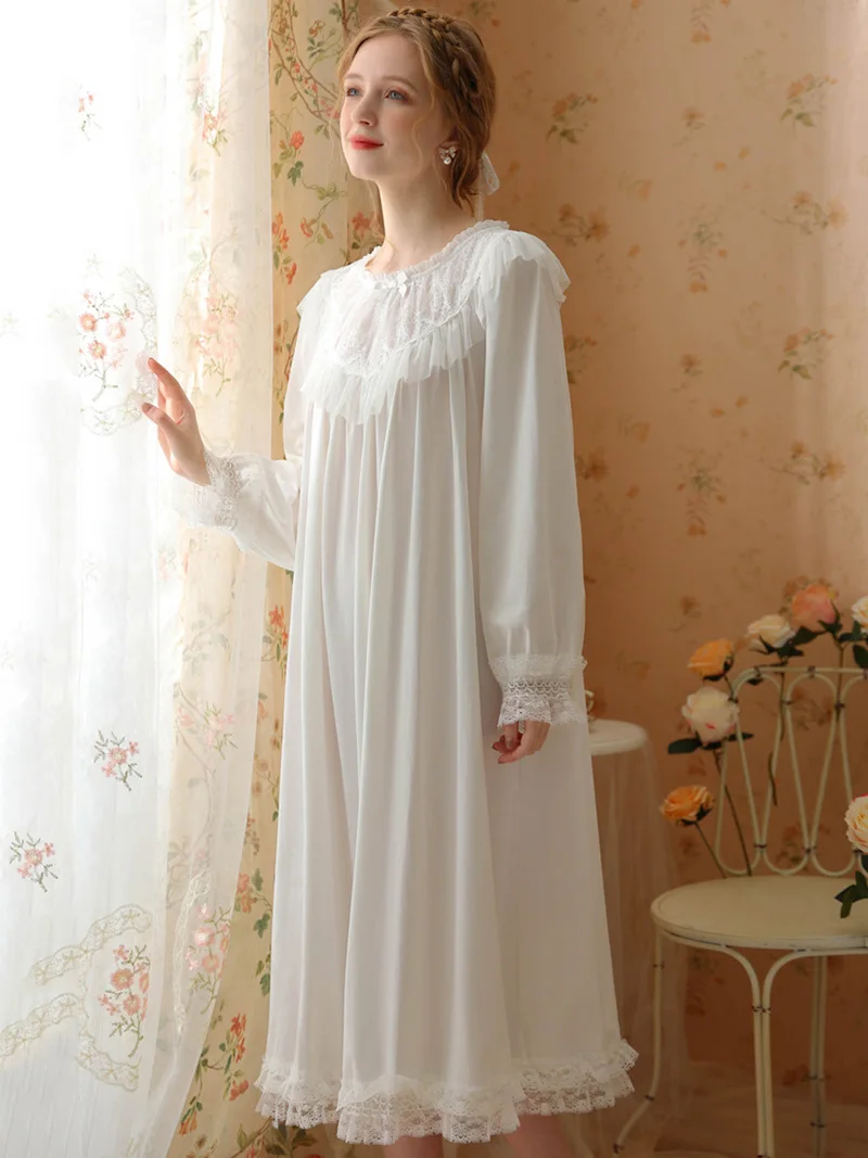 Victorian Princess Lolita Pajama Night Dresses Women Spring Cotton Vintage Long Sleeve Nightgowns Sweet Loose Fairy Sleepwear