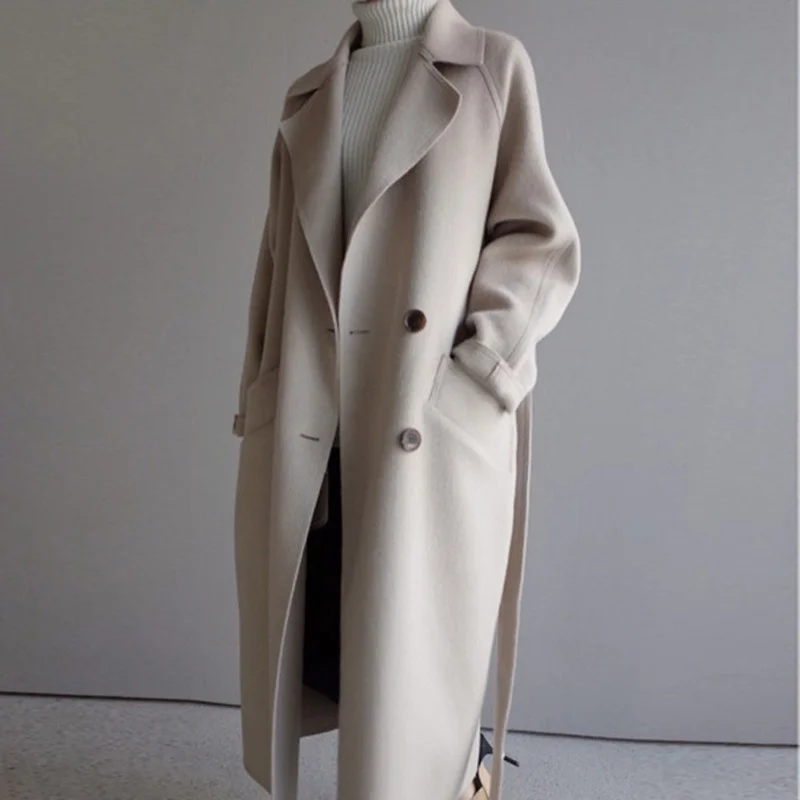 

Winter Women's Beige Elegant Wool Blended Solid Color Korean Long Coat Retro Fashion Black Simple Wool Camel Oversized Coat